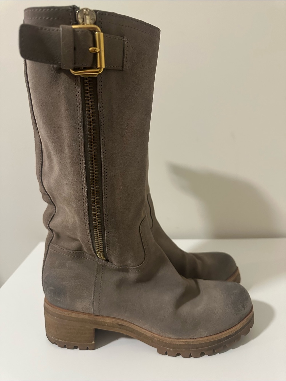 Prada Taupe Suede Over-the-Knee Boots with Gold Hardware - Picture 10 of 15